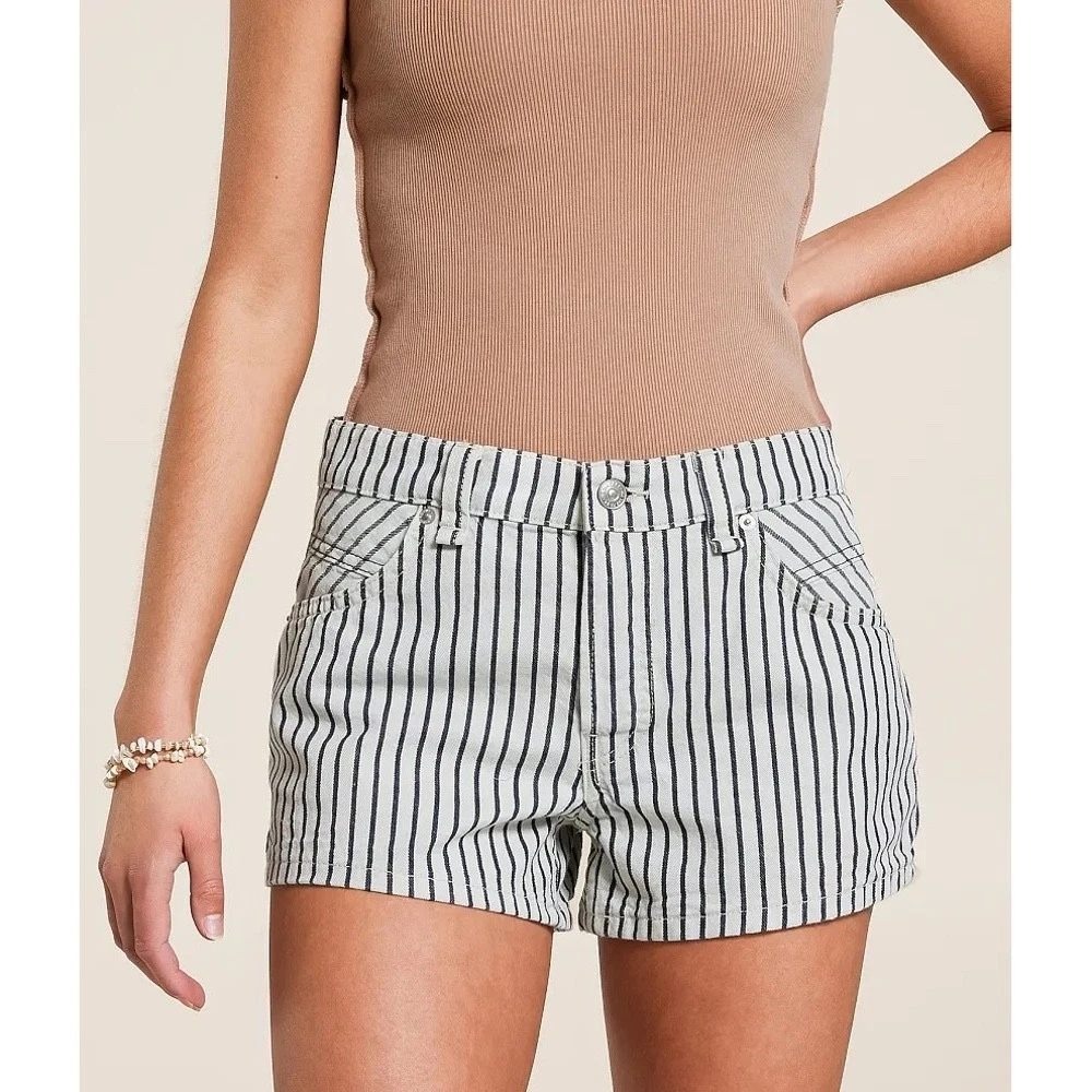 Free People White and Black Striped Jean Shorts